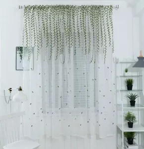 2 Panel Green Leaf Embroidery Sheer Curtain Tulle Gauze Window Drapes Rod Pocket - Picture 1 of 12