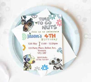 Personalised Time to go nuts Birthday Party Robots Invitations Boys invite 3,4,5 - Picture 1 of 2