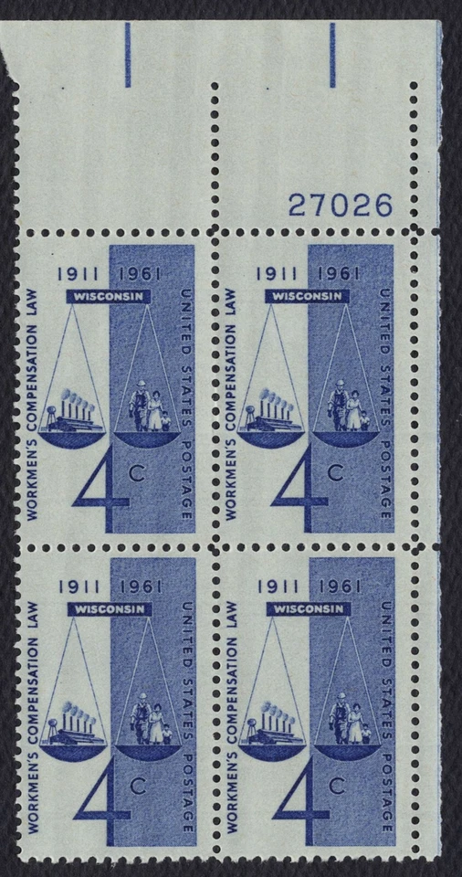 #1186 4c Workmen's Compensation Law, Plate Block [27026 UR] **ANY 5=FREE SHIP** - Image 1 of 1