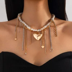 Trendy Love Heart Pendant Choker Metal Chain Goth Style Necklace Party - Picture 1 of 16