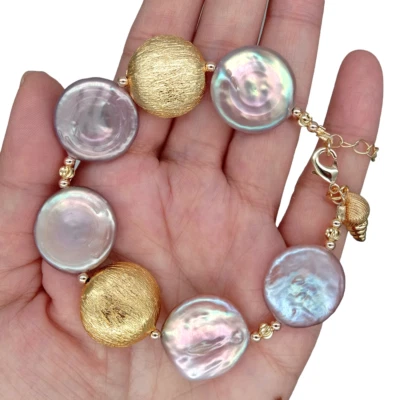 Pulsera de cuentas cepilladas de perlas con moneda púrpura cultivada de agua dulce joyería hecha a mano Foto 1 de 4