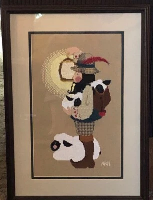 Needlepoint Picture Shepherd Lantern Lambs Sheep Professionally Framed Matted - Image 1 of 4