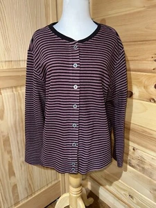 LL BEAN Full Button Thermal Striped Top Size Large Petite Purple Black Stripes - Picture 1 of 12