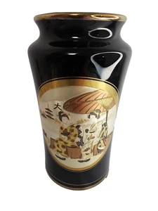 Vintage japanische The Art of Chokin schwarze Vase Geisha Girls 24k Gold 6" hoch - Bild 1 von 7