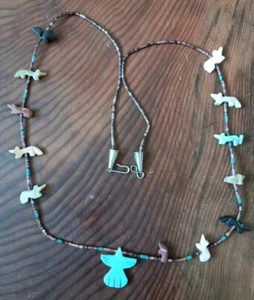 Vtg Native Zuni Hand Carved Fetish Animal Necklace with Turquoise Thunderbird - Picture 1 of 6