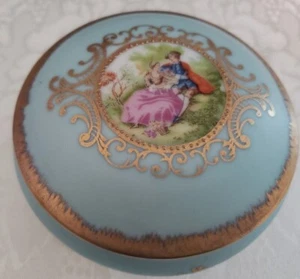Lefton Couples #1358 Lidded, Round, Footed Trinket (Jewelry) Dish, Aqua Coloring - Picture 1 of 12