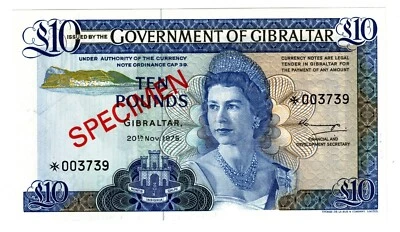 1975 Gibraltar 10 Pound P22 Banknote aUNC QEII Specimen (fold, crease) - Image 1 of 2