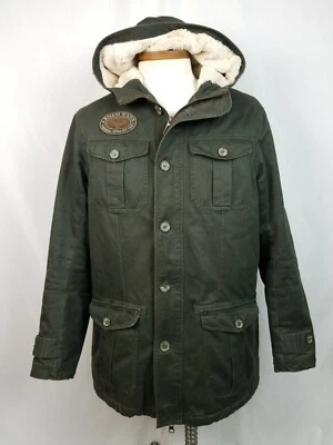 Armani Jeans Military Patch hooded Jacket Dark Green Sz L Faux Fur Utility Parka - Image 1 of 4