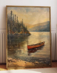 Poster Kanu auf dem See, Vintage Outdoor Sport Wandbild, Retro Hütte Deko - Bild 1 von 5