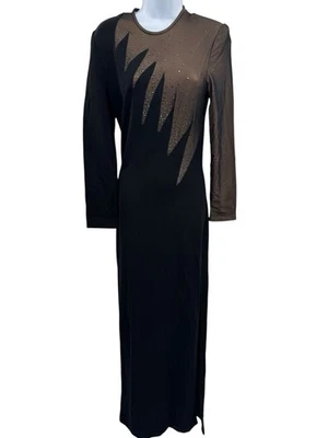 Vtg 90s Tadashi Shoji Evening Dress Illusion Mesh Long Sleeve Black Size Medium - Image 1 of 4