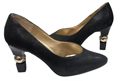 1980s WILD ROSE Black High Heel Pumps Sculptured Block Heel Gold Sphere Size 7 - Image 1 of 4