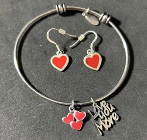 Celebrate Life Stainless “Love You More” Charm Bracelet Hearts & Heart Earrings - Picture 1 of 13