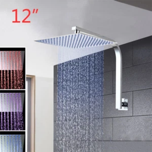12" Slim Chrome Bathroom LED Shower Heads Wall Mount Mixer Faucet Tap+Shower Arm - Picture 1 of 5
