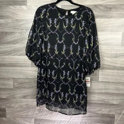 Maison Jules Womens A Line Dress Black Blue Floral Lined Keyhole Button XS New - Image 1 of 4