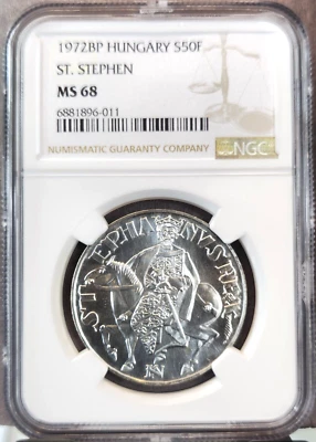 1972 HUNGARY SILVER 50 FORINT SAINT STEPHEN NGC MS 68 RARE HIGH GRADE GEM BEAUTY - Image 1 of 3