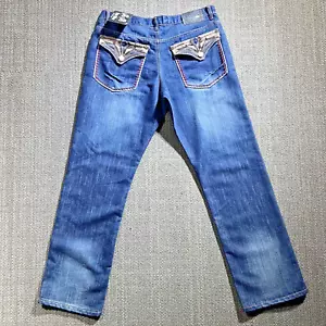 Raw Blue Jean Denim Kruz Men 34 x 33 Blue Embroidered Y2K Straight Legs Mid Rise - Picture 1 of 23