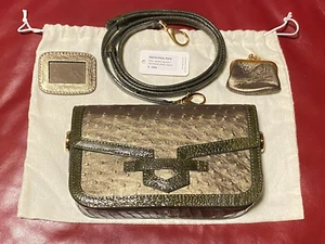 $1595 Cape Cobra CAIA CROSSBODY OSTRICH PLATINO & FOREST GREEN OSTRICH LEG TRIM - Picture 1 of 15