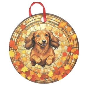 Bassotto a pelo lungo che salta tra le foglie ornamento olografico per cani - Foto 1 di 3