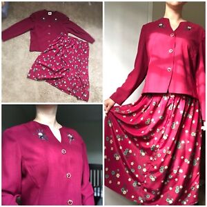 Leslie Fay 2 Piece Suit Skirt+jacket In Bordo, Floral Print, Embroidered Size 18