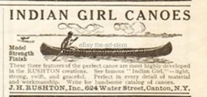 1908 Indian Girl Canoas J H Rushton Canton Nueva York Vintage Revista Anuncio impreso - Imagen 1 de 2