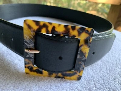 Corset Belt Womens Medium Black Faux Leather Faux Tortoiseshell Buckle READ - Image 1 of 4