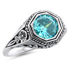 VINTAGE STYLE SOLITAIRE 925 STERLING SILVER AQUAMARINE CZ FILIGREE RING    #1229