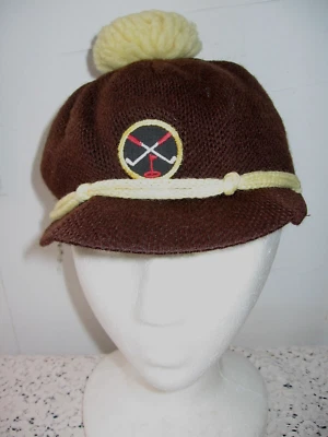 GORRA DE GOLF VINTAGE DE PUNTO DE LANA MARRÓN/AMARILLO CON LOGOTIPO DE PALO DE GOLF Y BANDERA - POMPÓN Foto 1 de 4