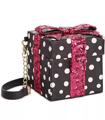 Betsey Johnson GIFT BOX Crossbody Bag. Black White Polka dot Pink Sequin Bow - Image 1 of 4