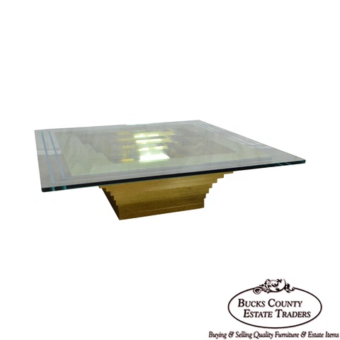Mid-Century Modern Cityscape Stacking Brass Large Square Glass Top Coffee Table Cover