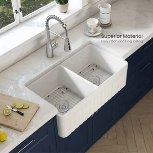 HOROW 33x18'' Apron Farmhouse Kitchen Sink White Double Bowl W/ Strainer + Grid - Picture 1 of 15