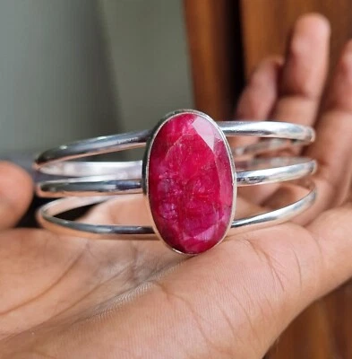 Faceted Ruby Gemstone Bangle 925 Sterling Silver  Handmade Gift Bangle Gift Her - Image 1 of 3