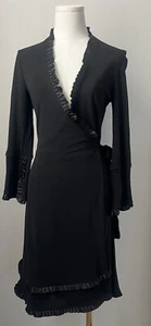 Diane von Furstenberg Black 100% Wool Ruffle Wrap Goth Bell Sleeve Dress Size 8* - Picture 1 of 10