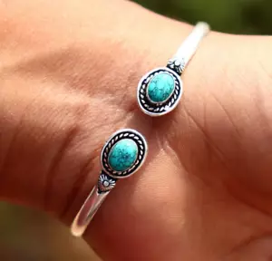 Natural Turquoise Gemstone 925 Sterling Silver Jewelry Adjustable Cuff Bracelet - Picture 1 of 1