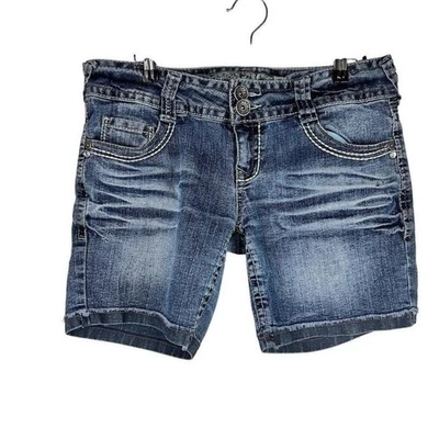 Truce Jeans Denim Bermuda Shorts Size 9 Embroidered Flap Pockets Distressed - Image 1 of 4