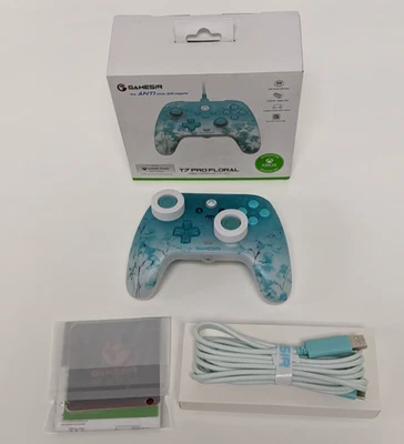 GameSir T7 Pro Wired PC/Xbox Game Controller Blue Teal Flowers Open Box
