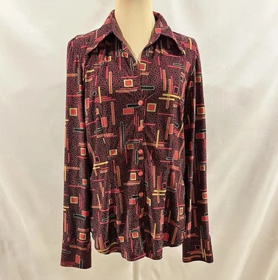 Vintage 80s Blouse Geometric & Floral Top Psychedelic Bright Mod Long Sleeve - Image 1 of 4