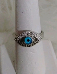 Sterling Silver 925 Blue Evil Eyes Ring Size 8 - Picture 1 of 8