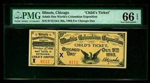 Boleto de la Exposición Colombina del Día de Chicago 1893 X ' PMG 66 SIN CIRCULAR 8060 - Imagen 1 de 3