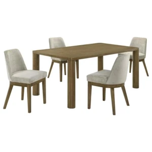 5 PC BROWN OAK FINISH DINING TABLE & TAN FABRIC CHAIRS DINING ROOM FURNITURE SET - Picture 1 of 17