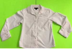 LITTLE GIRLS’ SIZE 8+ ‘LANDS’ END’ WHITE LONG-SLEEVED BLOUSE W/ RUFFLES SCHOOL - Picture 1 of 9