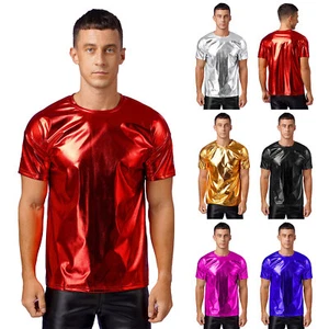 Metallic Shiny Short Sleeve Round Neck T-shirt for Club Show Performance Tops - Picture 1 of 71