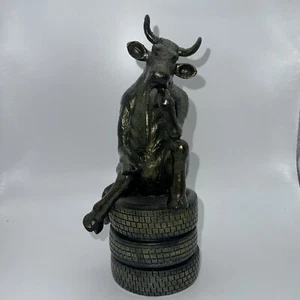 Posing Thinking Bull/Cow Statue Sitting On Tires Very Unusual - Picture 1 of 15