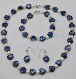 12 mm Blau Labradorit Herz Edelsteine 7-8 mm Weiße Perle Halskette Armband Ohrringe - Bild 1 von 7