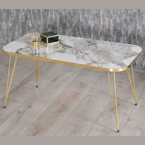 Modern Rectangular Coffee Table Wooden Top with Metal Golden Legs Living Room - Picture 1 of 20