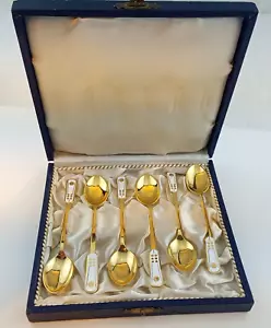 SIX VTG CASED DANISH SILVER GILT & ENAMEL COFFEE SPOONS BY E LAURIDSEN c1950/60s - Picture 1 of 14