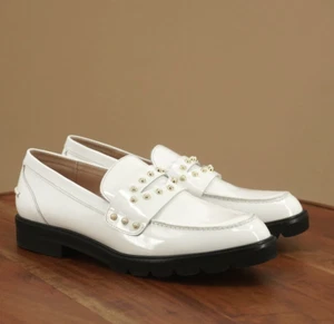 Stuart Weitzman Womens Allpearl Penny Lug Loafers White Leather Embellish 10 - Picture 1 of 9