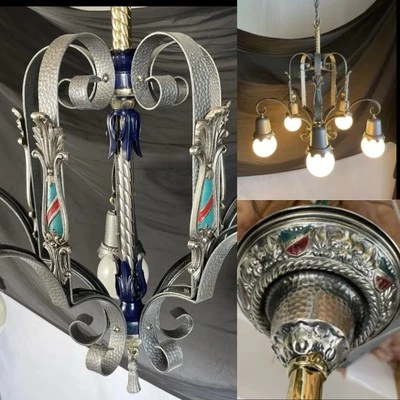 RESTORED Antique Vtg Arts Crafts Tudor Polychrome Chandelier Deco Gothic Mission - Image 1 of 4