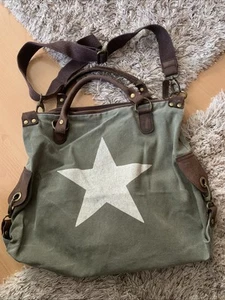 Handtasche grün Tasche groß mit Stern weiß RV teils Leder 47 x 40cm Beutel - Bild 1 von 13