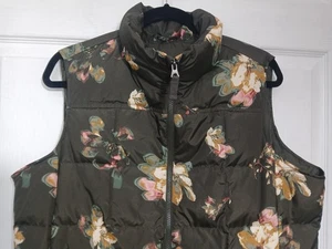 Lands End Women’s Large Green Floral Zip-Up Feather Down Quilted Puffer Vest - Picture 1 of 10