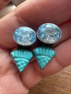 Amy Kahn Russell AKR Adventurine? 珍珠海蓝宝石纯银柱状耳环 — 第 1/3 张图片